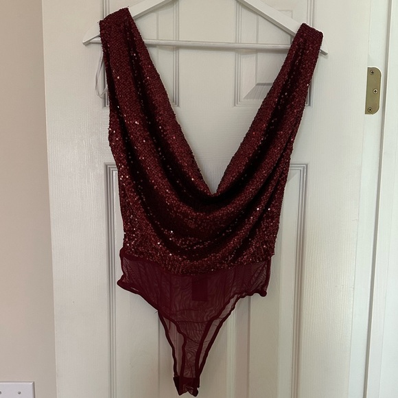 LULUS Evening Of Wonder Burgundy Sequin Cowl Back Bodysuit! - Picture 8 of 10